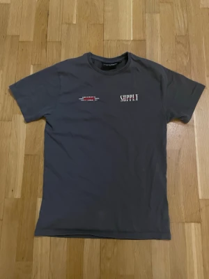 Mörkgrå Supply & Demand t-shirt - T-shirt i mörkgrått från Supply & Demand med tryck på både bröstet och ryggen. Ryggen har en stor grafisk ängel med röda detaljer och texten 'SUPPLY Demand'. Rund hals och korta ärmar. Perfekt för dig som gillar streetwear vibes.