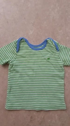 T-shirt - Säljer en grön t-shirt med vita ränder och blå kant runt halsen. T-shirten har korta ärmar och ett litet grönt broderat motiv på bröstet. Perfekt för en avslappnad stil och skön att bära tack vare mjukt material.