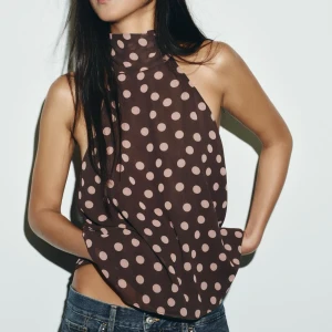 Brun prickig halterneck topp - Säljer den här fina prickiga toppen från Zara. Slutsåld på hemsidan. Storlek S. Toppen är endast testad en gång och har prislapp kvar. 