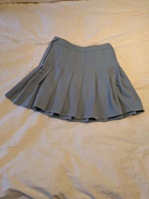 Ljusblå plisserad kortkjol - Snygg ljusblå kortkjol med plisserade veck och hög midja. Kjolen har en klassisk A-linjeform och stängs med knapp i sidan. Perfekt för dig som gillar en stilren och trendig look.