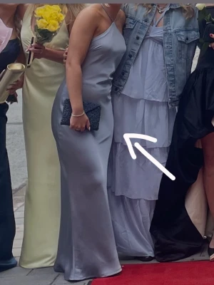 Balklänning - Säljer min otroliga balklänning 😍🥹jättefin ljusblå färg med grå underton. Öppen i ryggen med snörning så att man kan spänna upptill så som man vill ha det! Har en jätteliten men knappt synligt mörk prick(sista bilden) men är ingenting man tänker på(ca 2-3 millimeter lång) Älskar denna klänning och hoppas på att den kan få användas igen ❤️