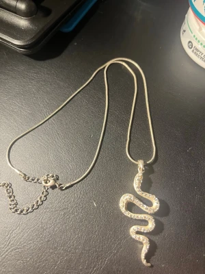 Silverfärgat halsband med ormberlock - Snyggt halsband i silverfärg med en ormformad berlock täckt av glittrande stenar. Kedjan är tunn och smidig, och berlocken har en cool, slingrande design som verkligen sticker ut. Perfekt accessoar för dig som gillar unika smycken och vill addera lite edge till din stil.