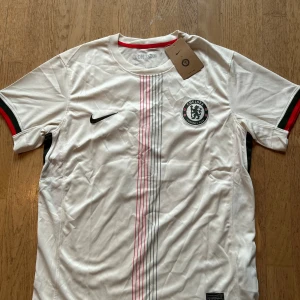 Chelsea Palmer 10 bortatröja Nike - Chelsea FC bortatröja med Palmer 10-tryck. Vit med tunna ränder i rött och grått framtill, svarta och röda detaljer på ärmslut. Broderat klubbmärke och Nike-logga. Tillverkad i lätt och ventilerande polyester, perfekt för match eller supporterliv.