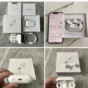 AirPods Pro - Apple AirPods Pro i mycket fint skick, komplett med originalförpackning, laddningskabel och extra öronproppar. Aktiv brusreducering, trådlös laddning och bekväm passform. Inga synliga repor eller skador, fungerar utmärkt. Perfekt för musik, samtal och träning varorna är fortfarande i boxen säljer dom för råkade beställa och kan ej ge tillbaka för jag var utomlands 