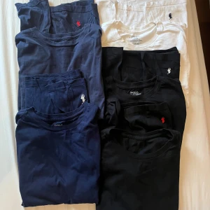 Två tröjor  -  Säljer ett paket med klassiska t-shirts från Polo Ralph Lauren i svart, marinblått och vitt. Alla har kort ärm. Perfekta basplagg i mjuk bomull och normal passform. Snygga att matcha till jeans eller shorts. Dessa lr vintage då de blir billigare man kan bara köpa en Elle i en bundel jag jag har fler i lager de finns i storlek M-L. Hör gärna av er för fler bilder eller funderingar 
