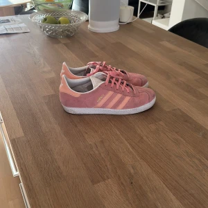 Adidas Gazelle rosa mockasneakers - Säljer ett par Adidas Gazelle sneakers i rosa mocka med klassiska tre ränder i ljusrosa på sidorna. Skorna har vit sula, snörning och detaljer i vitt och ljusrosa. Använda få gånger.