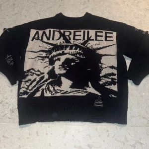 Stickad tröja - Cool svart stickad tröja från ANDREILEE med stor beige print av Frihetsgudinnan på framsidan. Tröjan har lång ärm, ribbade muddar och slitna detaljer för en edgy look. Perfekt för dig som gillar streetstyle och statement-plagg.