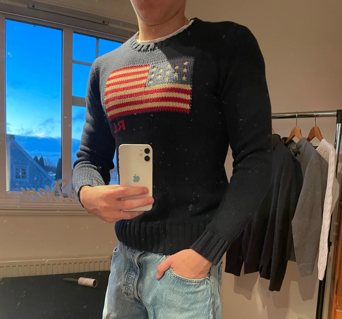 Mörkblå stickad flagg tröja Polo Ralph Lauren