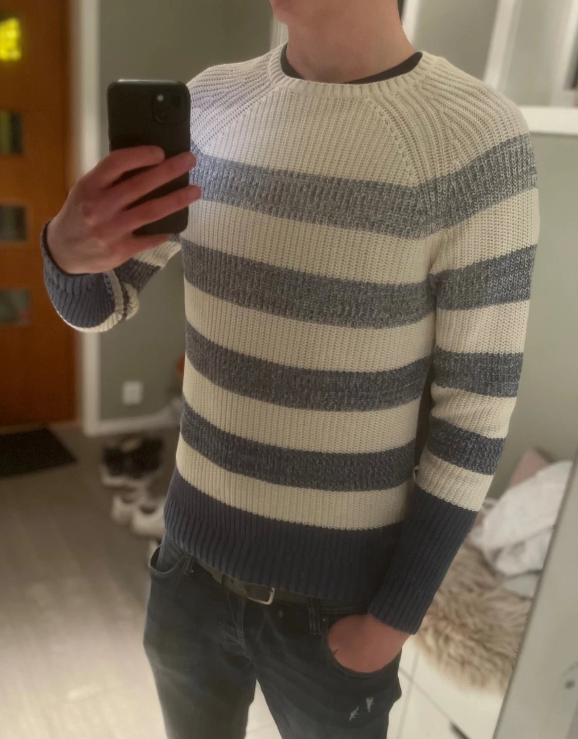 Blå vit randig stickad sweater - 2