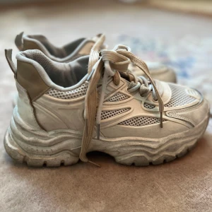 Chunky beige sneakers med meshdetaljer - Säljer ett par chunky sneakers i beige med coola meshdetaljer och grov sula. Skorna har snörning och en sportig vibe, perfekta för dig som gillar streetstyle. Materialmix av syntet och mesh ger både komfort och stil.