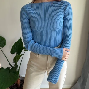 Blå ribbad långärmad tröja H&M - Säljer en blå ribbad långärmad tröja från H&M. Tröjan har en tight passform, rund halsringning och är tillverkad i mjuk bomull. 