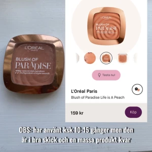 Loreal Paris Blush Of Paradise 01 life is a peach 🍑  - Jätte fint peachy blush ifrån loreal. Använd 10-15 gånge men det finns massa produkt kvar. Använde inte längre därför säljer jag den billigt. Nypris 160 kr det var det jag köpte för 👍🏻 Blush som ger dig en strålande lyster. Funkar på alla hudtoner! ❤️❤️