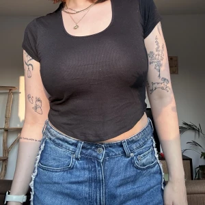 Svart tröja  - Svart t-shirt från bikbok  Aldrig använd!   Har en rundad kant nertill samt rundhalsringning    Tunn i materialet men inte genomskinlig 