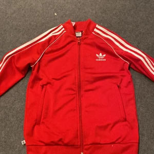 Röd Adidaströja - Röd tröja/ tunn jacka i 100% återvunnet polyester. Passar bra som tillbehör till gympakläder eller bara att ha till skolan. Aldrig använd pga att den nästan är för liten för mig. Den är 140 men passar också för 134. 