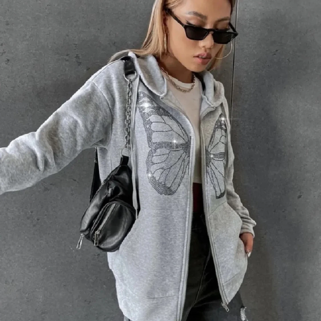 Ljusgrå Huvtröja med Glitter/Strass