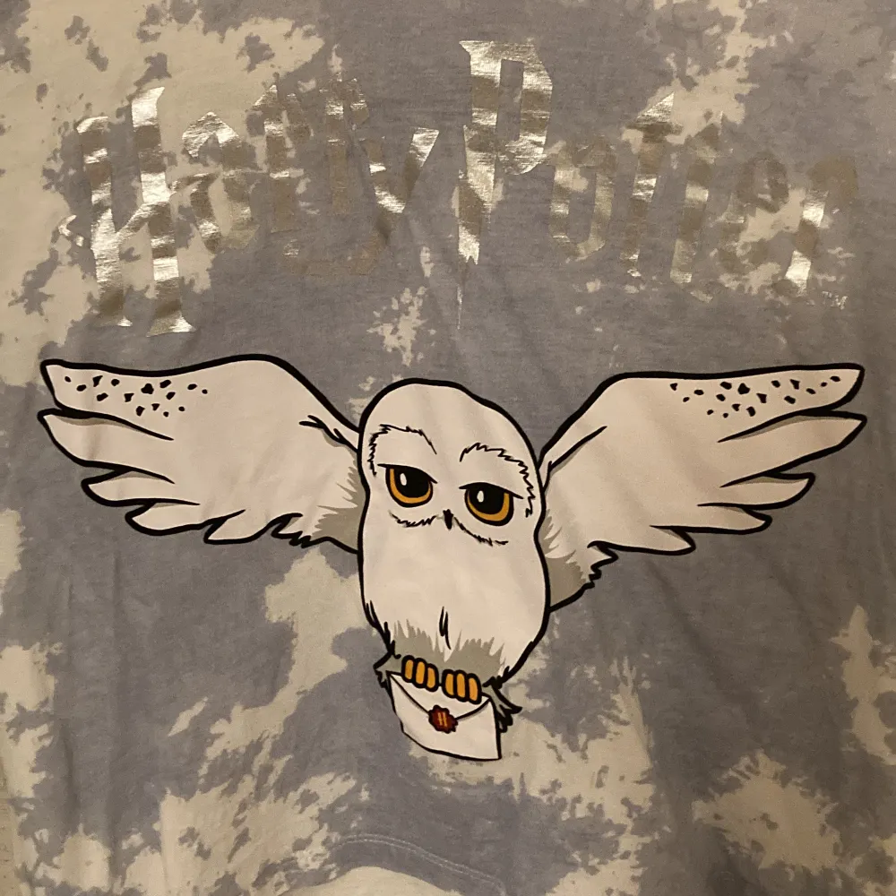 Harry Potter t-shirt från hm. Det står Harry Potter med silverfärgad och hans Uggla Hedwig på tröjan. Den säljs inte längre. Den är bred och kort och stor i storleken men ingen magtröja direkt. Den är ner till armbågarna. Den är blå och vit.. T-shirts.