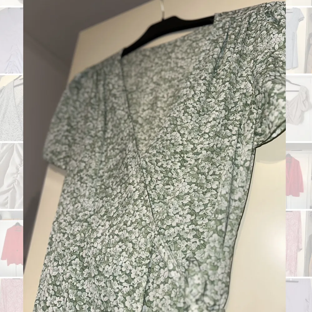 Grönblommig omlottklänning från Shein. Knytbar i midjan, strl S/36. Obetydligt använd. . Klänningar.