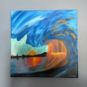 Stor våg - Ett konstverk av en soluppgång och en våg.  Signerad av konstnären.