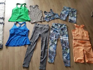 Oanvända träningskläder från Stronger och ICIW - Ett paket med nya oanvända träningskläder från Stronger och ICIW. Allt i storlek Medium.  Paketet innehåller: 3 st linnen (det blå och gröna från ICIW har inbyggd BH) 2 st träningstights 2 st tights i kort modell 2 st sportbehåar  Frakt ingår 😊