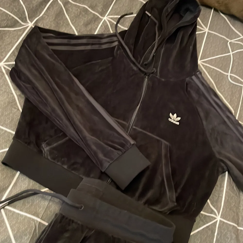 Adidas velour set med byxor och kort zip hoodie, byxorna är använda 1 gång och hoodien är oanvänd. Storlek 44 men passar mer cirka storlek 40/42.. Hoodies.