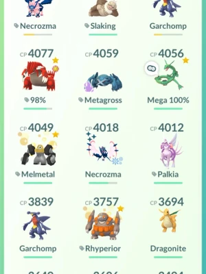 Pokémon GO-konto med legendariska Pokémon - Säljer ett Pokémon GO-konto fullt med legendariska och starka Pokémon som Necrozma, Garchomp, Groudon, Metagross, Melmetal, Palkia, Dragonite, Mewtwo och fler. Perfekt för dig som vill ta ditt spelande till nästa nivå med många maxade och sällsynta Pokémon.