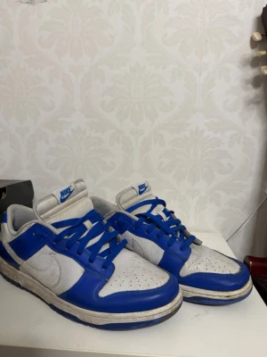 Nike Dunk Low blå och vita sneakers - Nike Dunk Low sneakers i blått och vitt med klassisk swoosh på sidan. Ovandel i läder och textil, blå snörning och perforerad tå för extra ventilation. Tungan har Nike-logga i blått. Perfekta för dig som gillar streetwear och sportig stil.