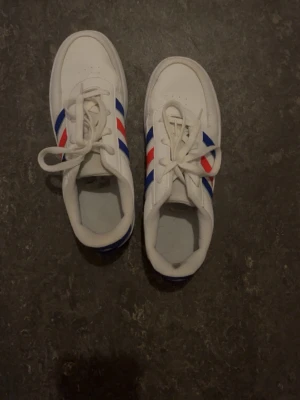 Vita sneakers med blå och röda ränder - Snygga vita sneakers med klassiska blå och röda ränder på sidorna. Skorna har vit sula, vita skosnören och en låg profil. Perfekta för dig som gillar en sportig och stilren look. Materialet är syntet och textil.