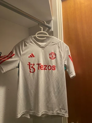 Manchester United vit träningströja - Vit Manchester United träningströja från Adidas med röda detaljer och logga på bröstet. Tröjan har korta ärmar, röda ränder på axlarna och gröna paneler på sidorna. Perfekt för fotbollsträning eller sportiga dagar.