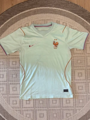 Ljusblå Frankrike Nike fotbollströja - Snygg ljusblå fotbollströja från Nike med Frankrikes landslagsemblem och två stjärnor på bröstet. Tröjan har V-ringning, röda och blå detaljer samt tunna orange linjer längs sidorna. Perfekt för match eller träning. Passar dig som är mellan 160-170 cm lång.
