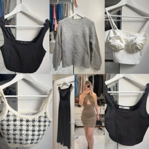Klädpaket  - Säljer ett gäng ( klädpaket ) allt ingår storlek xs snygga toppar och linnen i olika stilar: svart croppad topp, grå stickad tröja, vit topp med rosdetaljer, stickad topp med rutigt mönster, svart ribbad topp och en svart klänning. Perfekt för dig som vill uppdatera garderoben med trendiga plagg.
