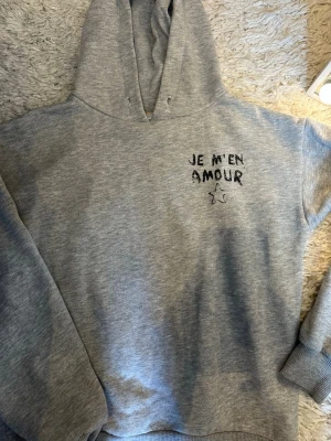 Grå hoodie med text och stjärna - Säljer en grå hoodie med huva och trycket 'JE M'EN AMOUR' samt en stjärna både fram och bak. Hoodien har en avslappnad passform och ribbade muddar vid ärmar och midja. Perfekt för dig som gillar enkel men cool stil.
