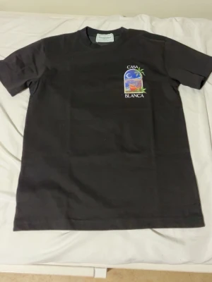 Svart Casa Blanca t-shirt med tryck - Svart t-shirt från Casa Blanca med färgglatt tryck av ett landskap och palm på bröstet och ryggen. T-shirten har rund hals och korta ärmar. Trycket på ryggen är stort och detaljerat med texten 'Casa Blanca'. Perfekt för dig som gillar streetwear och grafiska motiv.