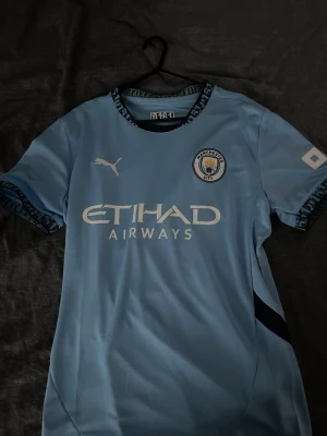 Manchester City 24/25 - Ljusblå Manchester City matchtröja från Puma med klubbmärke och Etihad Airways-tryck på bröstet. Tröjan har korta ärmar, rund hals och detaljer i mörkblått vid ärmslut och sidor. Tillverkad i ett lätt och ventilerande material.