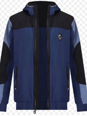 Blå och svart Nike vindjacka med huva - Snygg vindjacka från Nike i blått och svart med huva och dragkedja. Jackan har två framfickor med dragkedja och en liten Nike-logga på bröstet. Perfekt för blåsiga dagar och streetwear-stil.