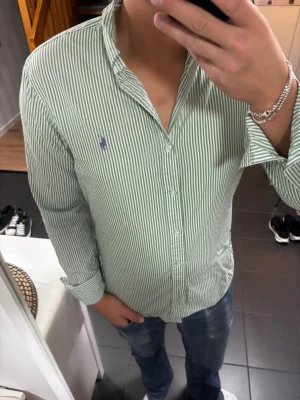Grönvit randig skjorta - Säljer en grön och vit randig skjorta med klassisk krage och långa ärmar. Skjortan har knappar framtill och en liten broderad logga på bröstet. Perfekt till jeans eller chinos för en clean look.