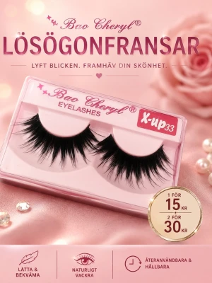 Bao Cheryl Lösögonfransar X-up33 - Snygga svarta lösögonfransar från Bao Cheryl i modellen X-up33. Fransarna är täta och fluffiga med en naturlig böj, perfekta för att framhäva ögonen. Förpackningen är rosa och fransarna är lätta att applicera samt återanvändbara.
