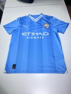 Manchester City matchtröja Puma blå - Snygg Manchester City matchtröja från Puma i ljusblått med vita detaljer och klubbmärke på bröstet. Tröjan har korta ärmar, rundad krage med vita ränder och Etihad Airways-tryck på framsidan. Perfekt för fotbollsträning eller att bära till matchen.