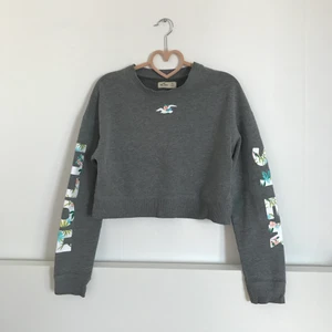 Hollister croppad tröja med tryck stl xs grå - Jättefin croppad tröja från Hollister i storlek xs💕 det står Hollister på armarna med små blommor på🌸 fint skick. Kontakta gärna mig vid frågor eller fler bilder😊 frakt kostar 48kr men kan annars mötas upp i Täby. 