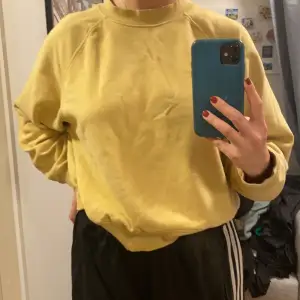 Gul sweatshirt från Gina är i storlek L men skulle säga att den sitter som ett S för nån som vill ha den lite löst men inte för oversized 