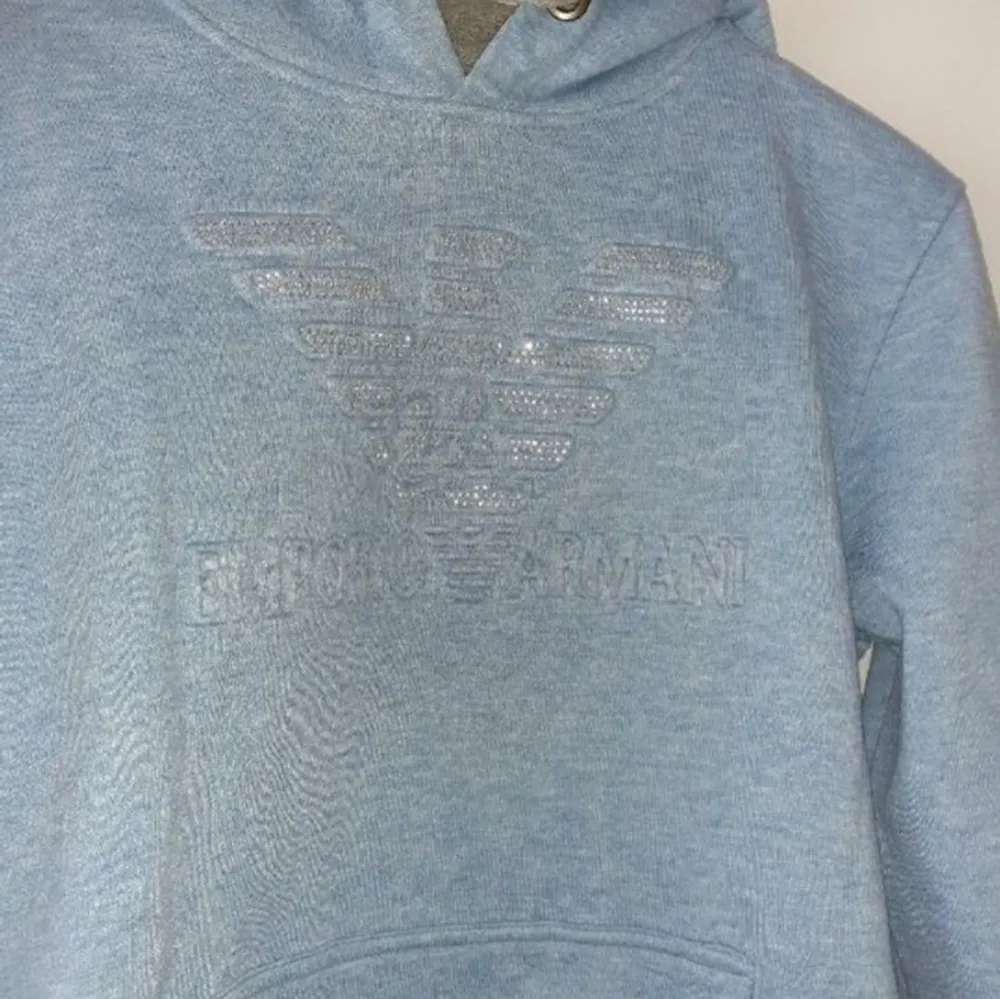 säljer en armani hoodie(kopia) som är ljusblå som tyvärr ej kmr till användning 💕 storlek M pris kan diskuteras vid intresse!. Hoodies.