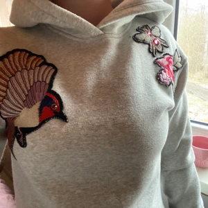 Mysig hoodie  - En fin ljusgrå hoodie med fåglar och blommor på, nästan helt oanvänd 