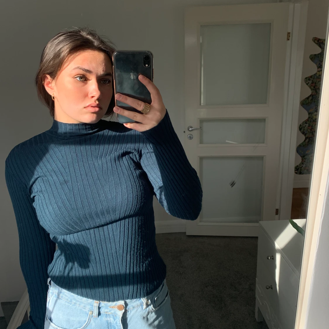 Mörkblå Polotröja med ribbat mönster 