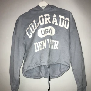 Cropad hoodie - En ljusblå cropad hoodie till med tryck och knyte i fram. Den är i bra skick! Använd några få gånger. Perfekt till att träna i om man typ ska ut och springa! 
