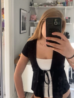 Svart kortärmad knytkofta - Trendig svart kortärmad kofta med knytband framtill. Koftan är croppad och har en öppen design som passar perfekt över ett linne eller topp. Materialet ser mjukt och stretchigt ut, vilket ger en bekväm passform och en snygg layering-effekt.🤍