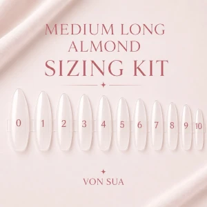 Sizing Kit Medium Almond - (MEDIUM ALMONDFORM)  Sizing kit för att hitta rätt storlek 💅 Innehåller 11 naglar (storlek 0–10)  Testa hemma och kolla via listan vilken storlek du har. Du kan nu lätt hitta din storlek i Mix & Match!