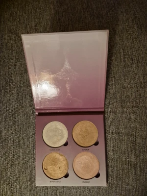 Anastasia Glow Kit highlighterpalett - Glow Kit från Anastasia Beverly Hills med fyra highlighters i nyanserna Marshmallow, Gumdrop, Butterscotch och Starburst. Paletten har en fyrkantig form och skimrande finish i guld, champagne, rosa och beige toner. Perfekt för att skapa en snygg glow. Finns ett litet "jack" i ena skuggan. Paletten är bara testad någon gång.