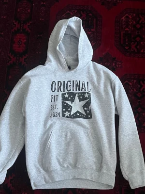 Grå hoodie med stjärntryck - Snygg grå hoodie med svart och vitt tryck framtill där det står 'ORIGINAL FIT EST. 2024' och en stor stjärna med mindre stjärnor runt. Klassisk känguruficka och huva. Perfekt för en avslappnad stil.