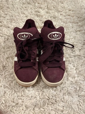 Vinröda adidas campus skor - Super snygga vinröda adidas campus skor, köpa i somras o använda lite i mellan åt men inte mycket. Lite smått smutsiga men går o tvätta.  noppriga (vet inte varför) där bak intu, men ingen som syns på. Där är även små fläckar typ på insidan lite längre fram (se fjärde bilden)
