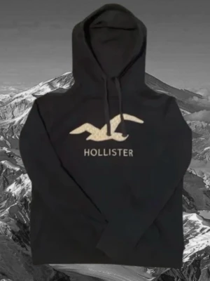 Mörkblå hoodie från Hollister - Mörkblå hoodie med stor vit Hollister-logga på bröstet. Klassisk modell med huva och dragsnören. Perfekt för en avslappnad och stilren look.