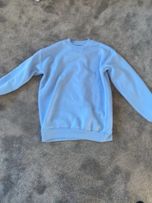 Ljusblå sweatshirt utan huva - En stilren ljusblå sweatshirt med rund hals och långa ärmar. Tröjan har ribbade muddar vid ärmslut och nederkant. Perfekt för en avslappnad och enkel look. Materialet ser ut att vara mjukt och bekvämt, troligen bomull eller bomullsblandning.